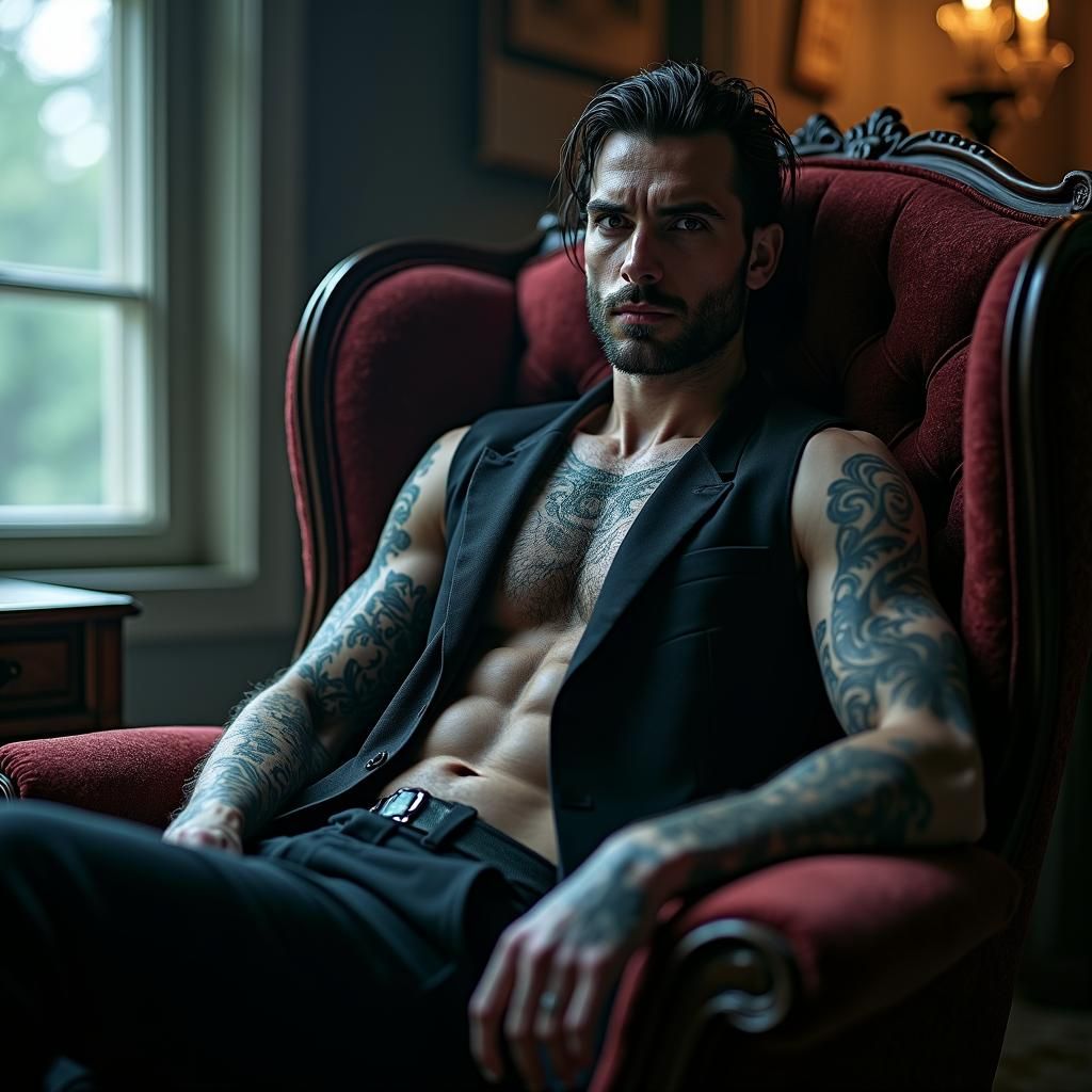 Handsome Tattooed Vampire in Lavish Gothic Bedroom