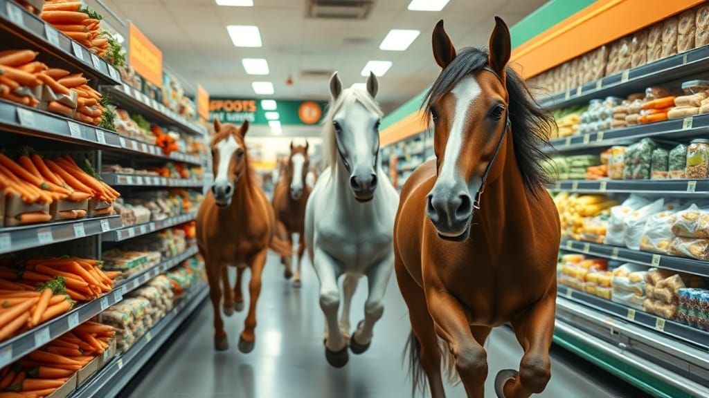 Anthropomorphic Horses Race Through Grocery Store