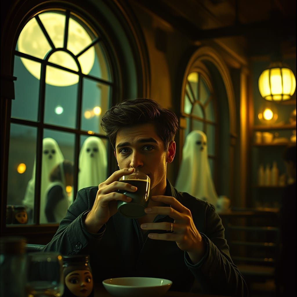 Eerie Moonlit Cafe with Ghostly Baristas and Happy Patron