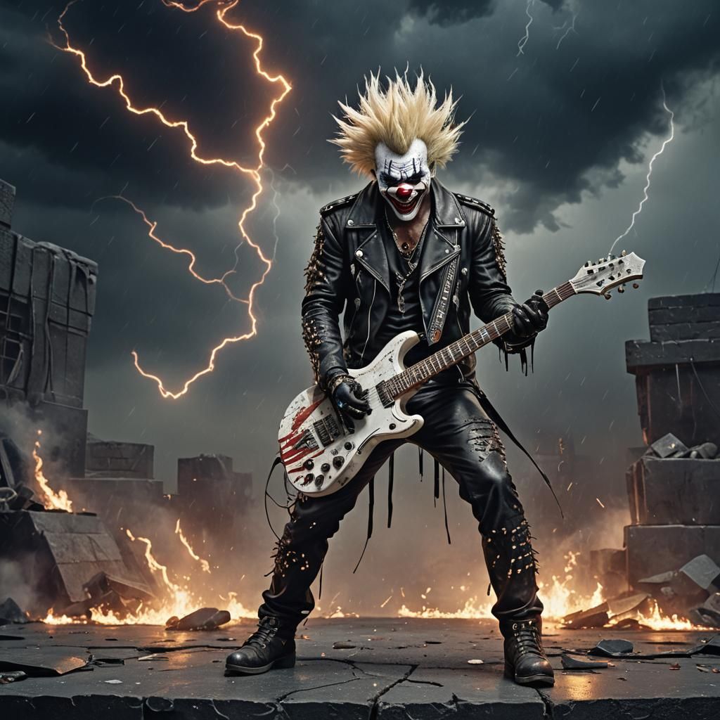 Evil Clown Guitarist in Hellfire, Detailed Matte Painting