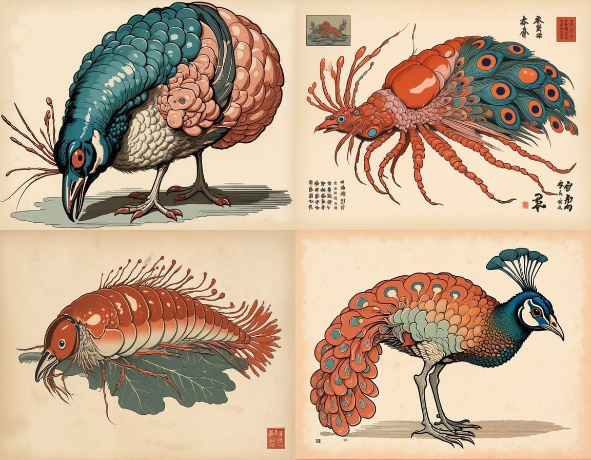 Ukiyo-e Hybrid Peacock Prawn Bassethound Mutant Horror Art
