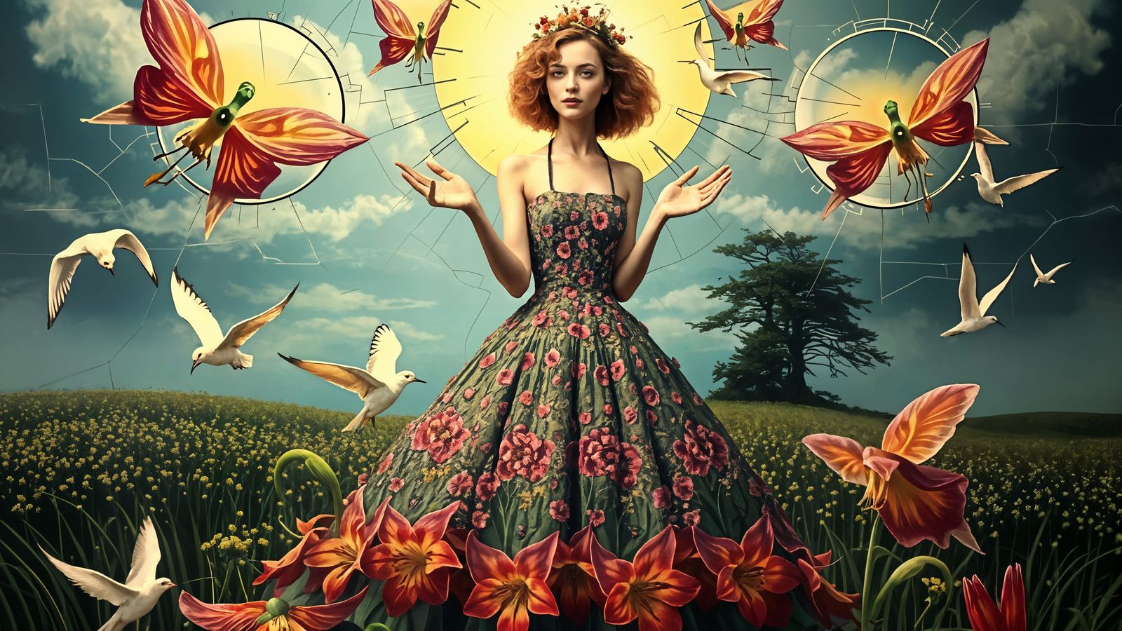 Woman in Fritillaria Dress Surreal Landscape