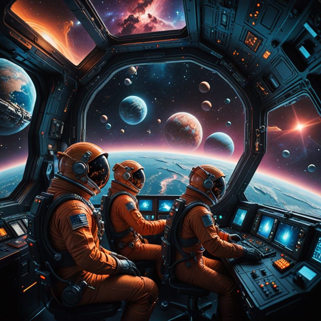 Astronauts View Cosmos in Sci-Fi Spaceship