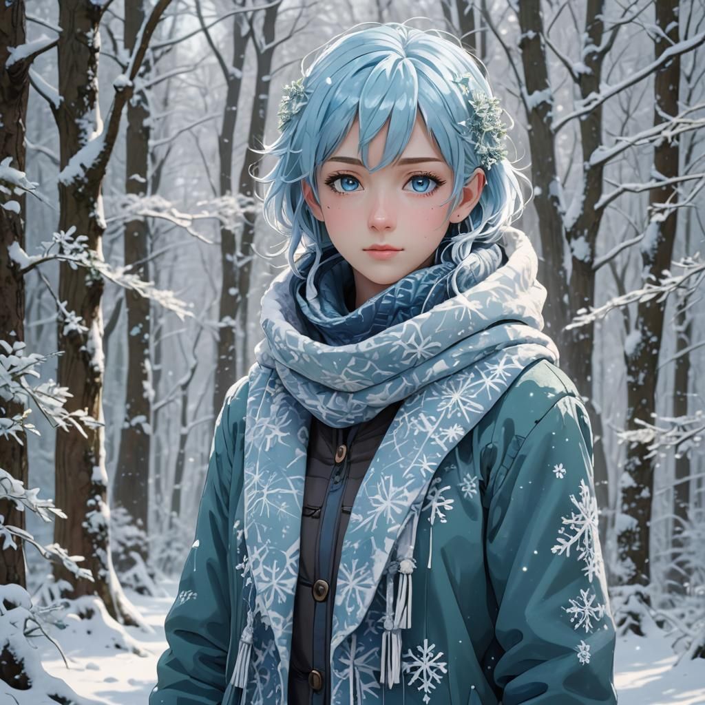 Anime Winter Woman in Snowy Forest: 3D Art