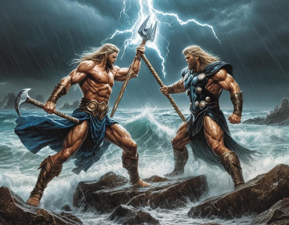 Poseidon vs Thor on Stormy Beach in Comic Book Style
