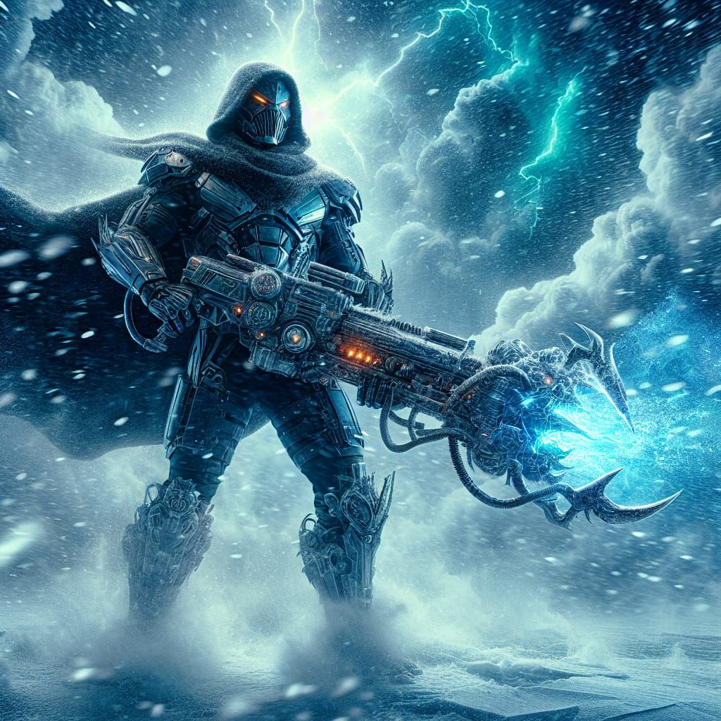 Cybernetic Superhero in Winter Storm, Digital Art