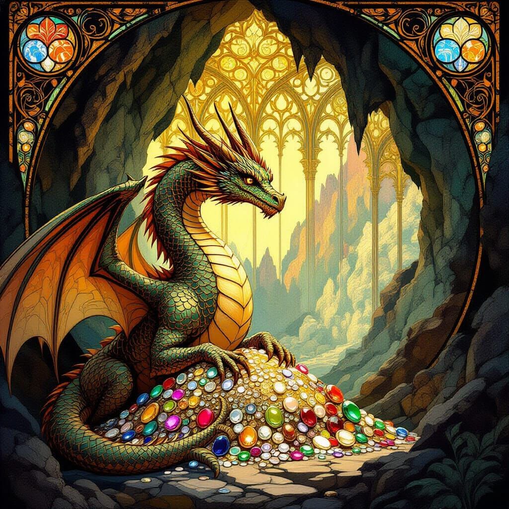 Dragon Guarding Treasure in Art Nouveau Style