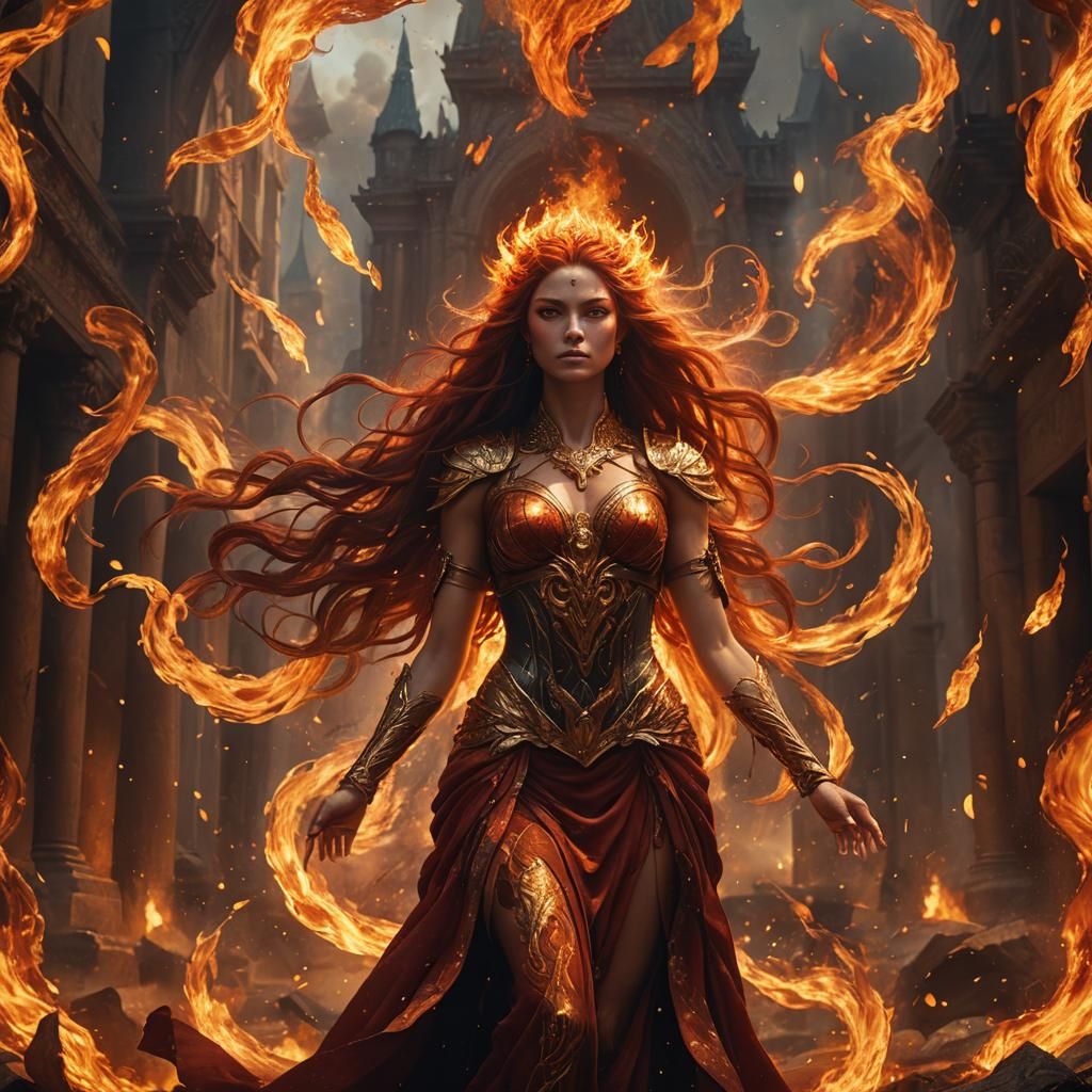 Fire Goddess Engulfed in Flames: Mythical Fantasy Art