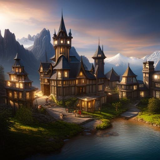 Hyperrealistic Elf City by Mountain Lake