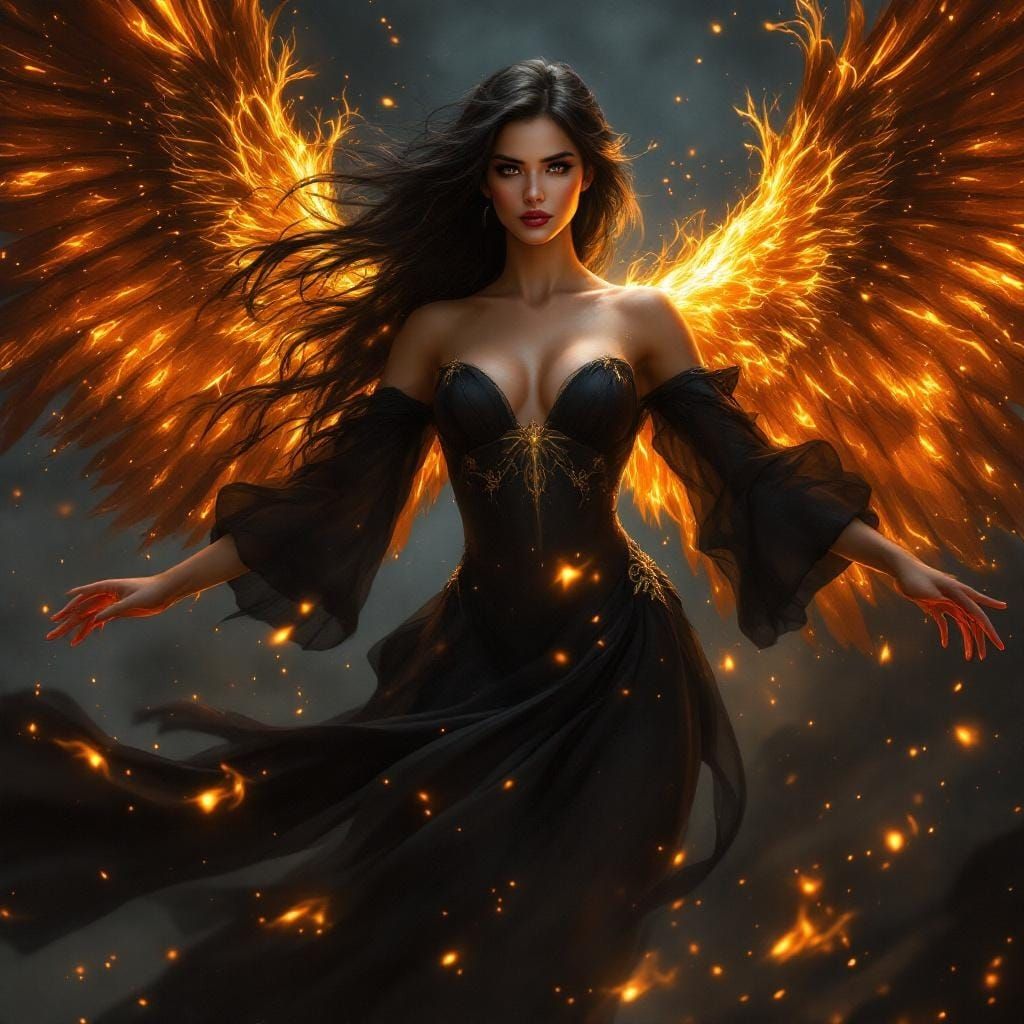 Ethereal Woman with Wings of Fire: Digital Painting