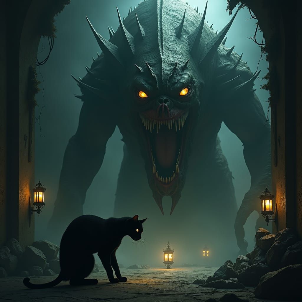 Menacing Alien Creature and Black Cat in Gothic Fantasy Styl...
