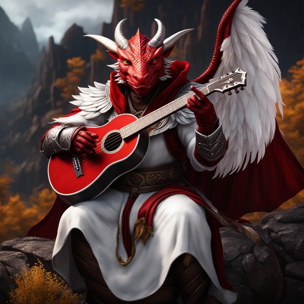 Dragonborn Portrait with Lute, Feathered Wings, Detailed Art