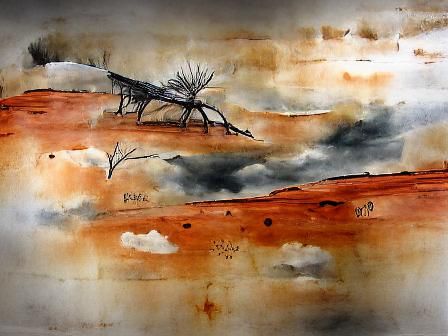 Outback Landscape in Sumi-e Ink Wash Style