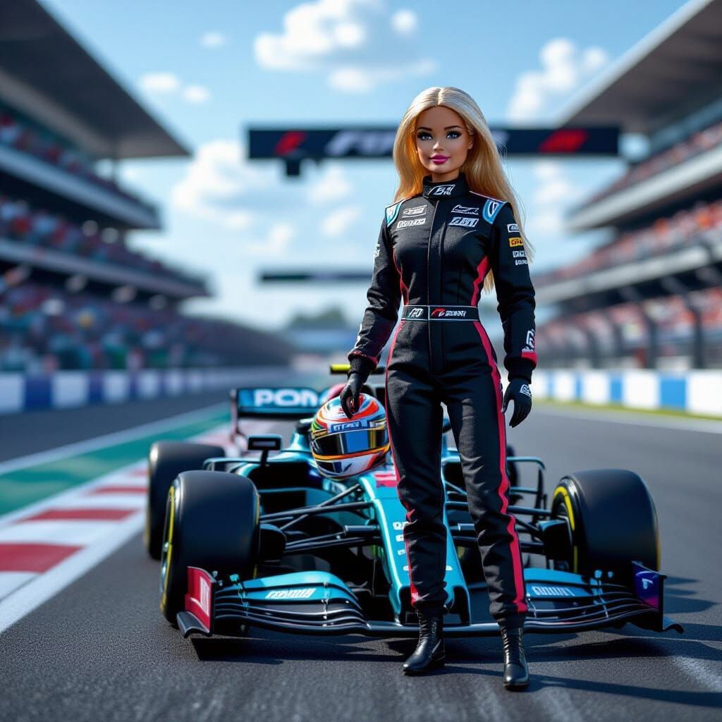 Barbie Doll as F1 Racer in Hyperrealistic Photo