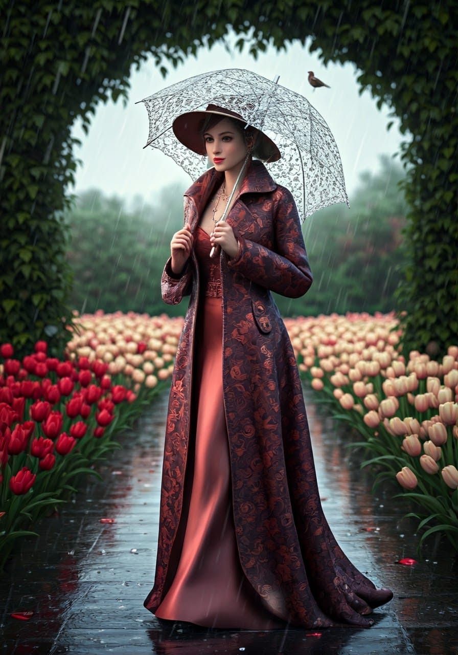 Elegant Woman Walking in Rain, Anime Art Style