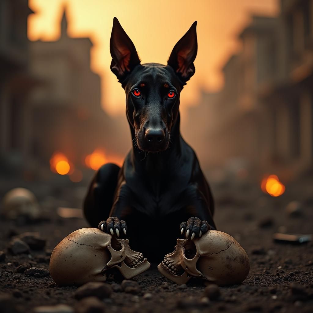 Ominous Doberman Pinscher in a Smoldering Cityscape