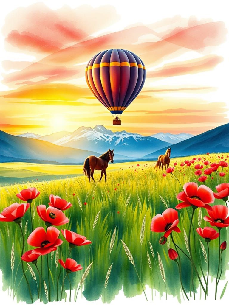 Surreal Watercolor Landscape with Horses and Hot Air Balloon