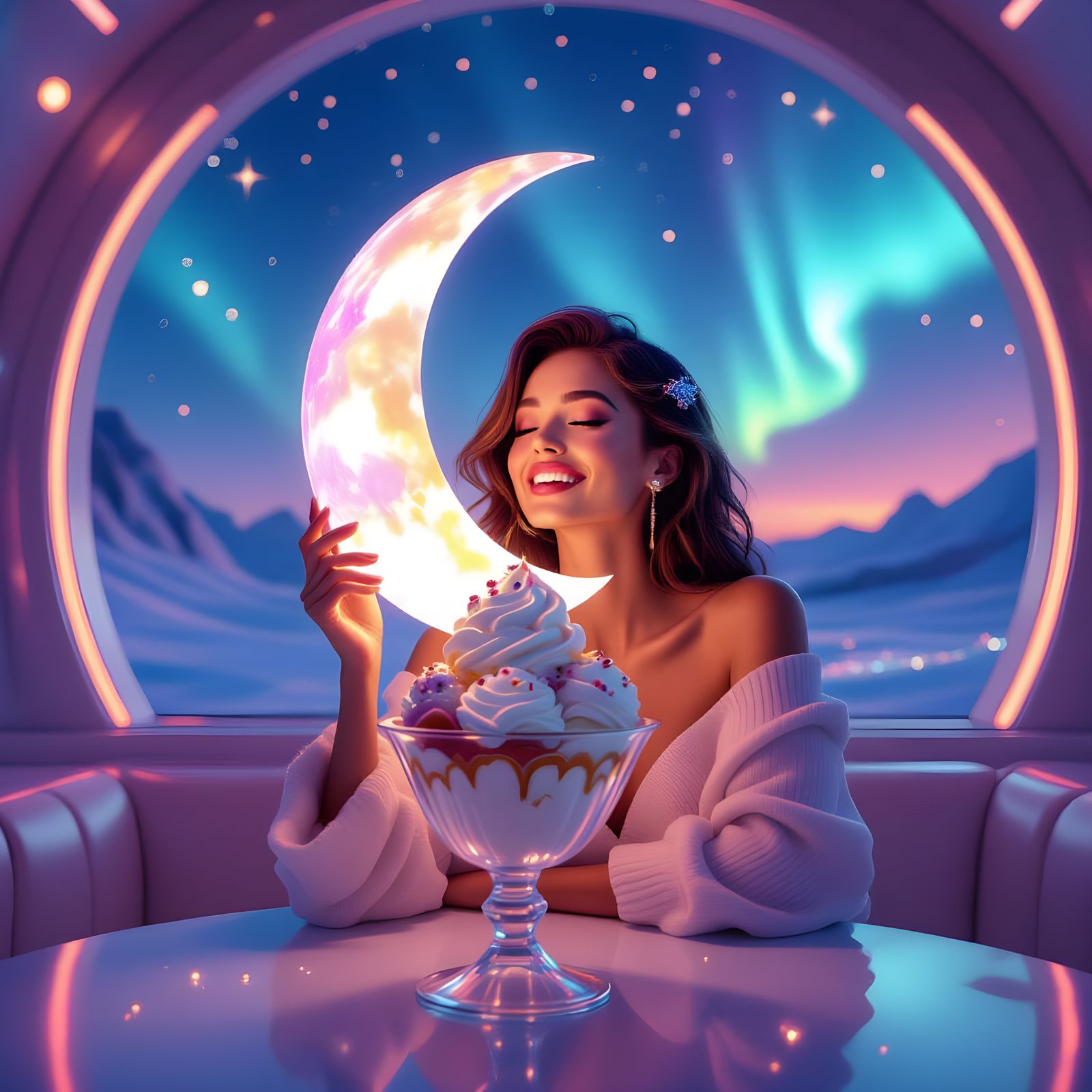 Surreal Ice Cream Parlor on Mars with Moon Split