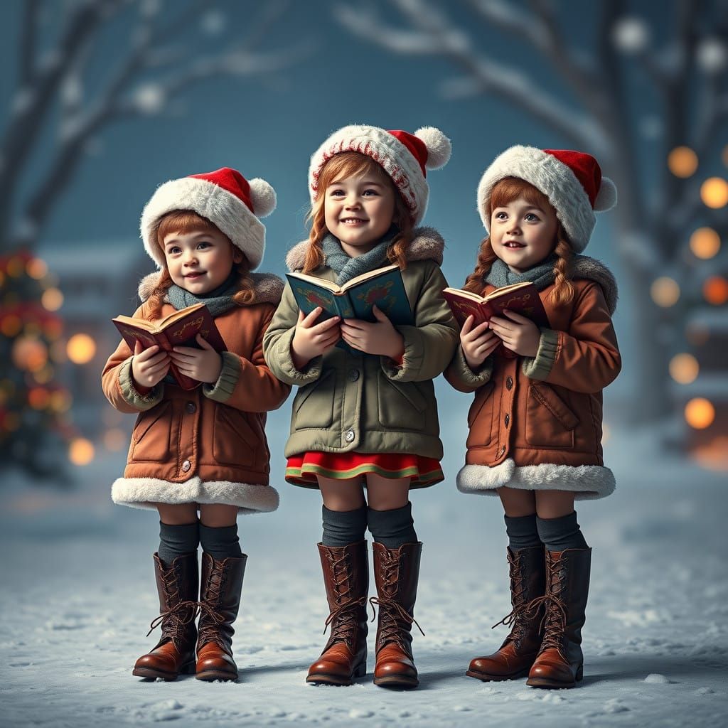 Three Merry Girls Sing in Harmony Amidst Winter Wonderland
