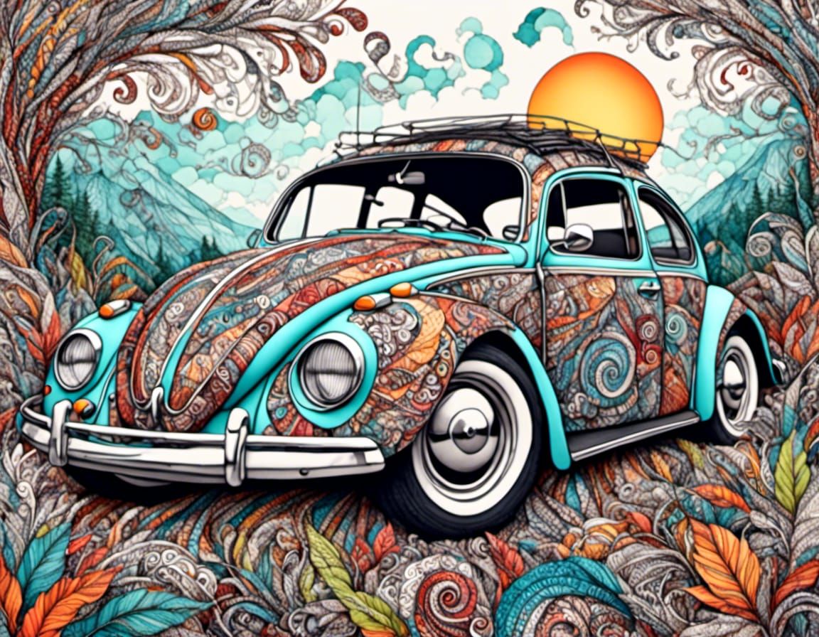 Zentangle Volkswagen Beetle in Colorful Detail
