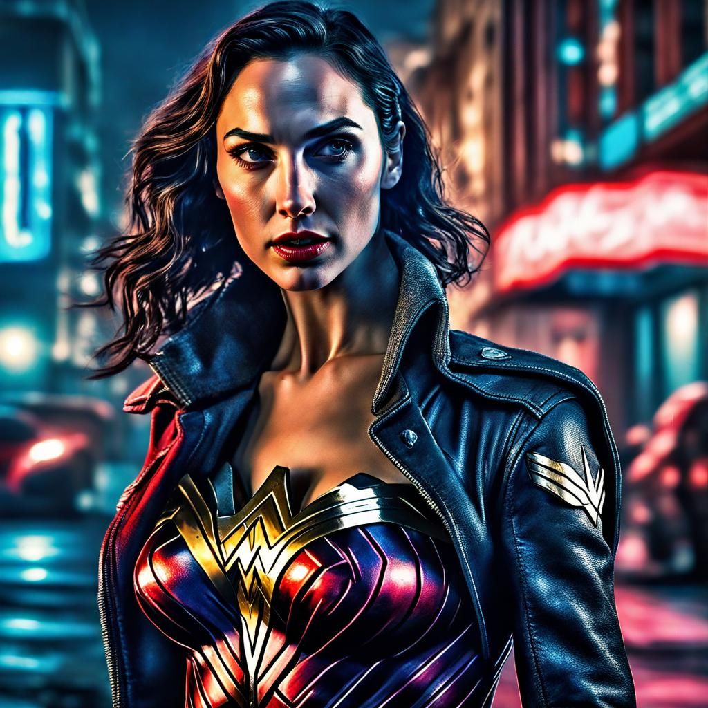 Wonder Woman in Cyberpunk Night City, Pin-Up Style