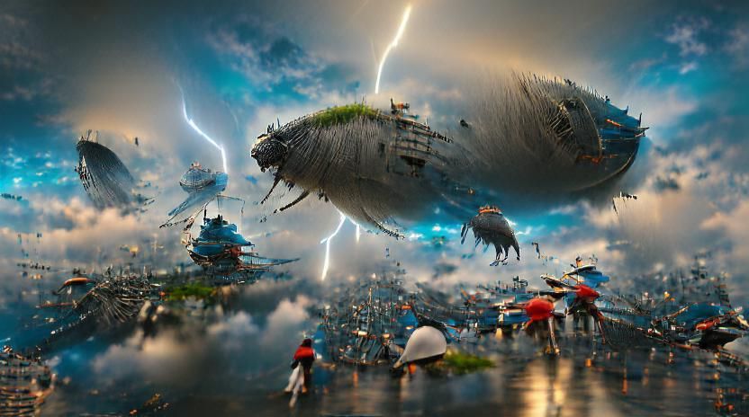Epic Spaceship Battle Over City, Ghibli Style