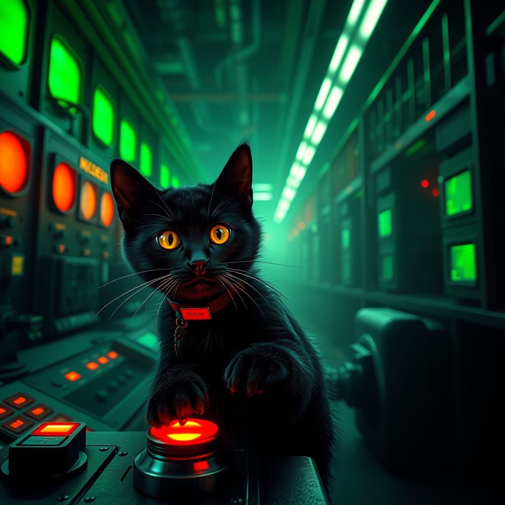 Whiskered Feline in a Futuristic Control Room
