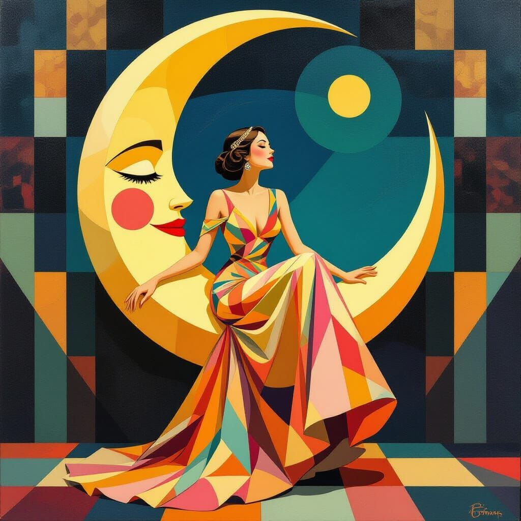 Woman in Moon Art Deco Oil Painting