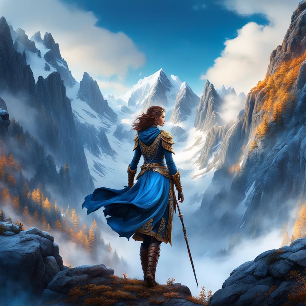 Woman Climbs Mountain in Watercolor Art Style