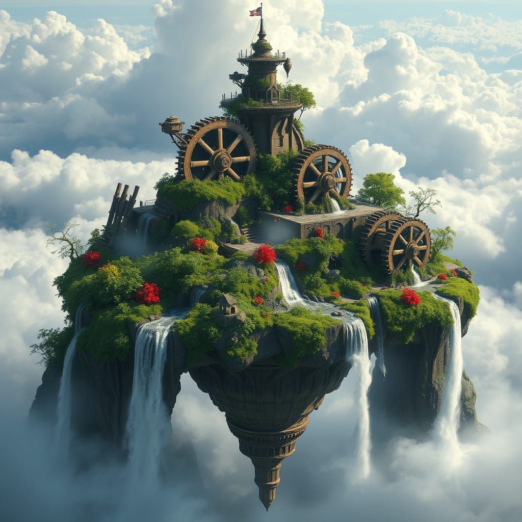 Majestic Dreamlike Floating Island in Whimsical Industrial S...