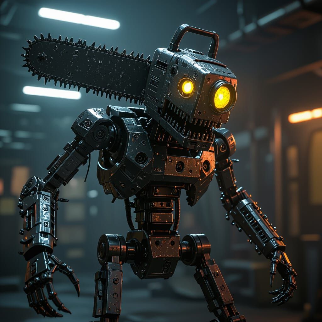 Brutal Chainsaw Man with Glowing Eye, Photorealistic