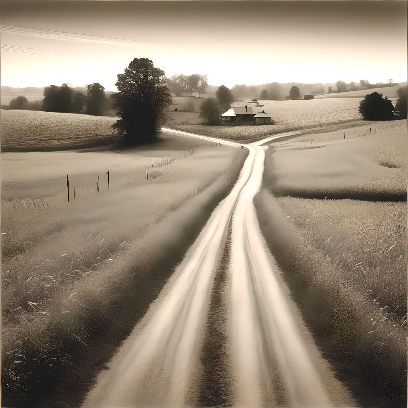 Cornfield Road to Farmhouse: Pencil Sketch Landscape
