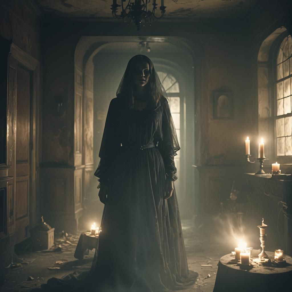 Ethereal Ghost Figure in Abandoned Mansion