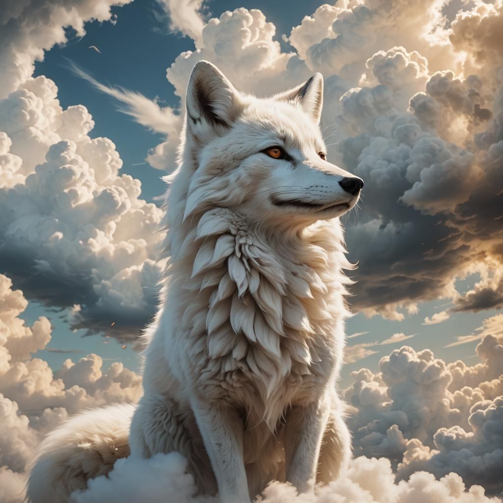 White Fox Emerging from Clouds: Digital Matte Painting