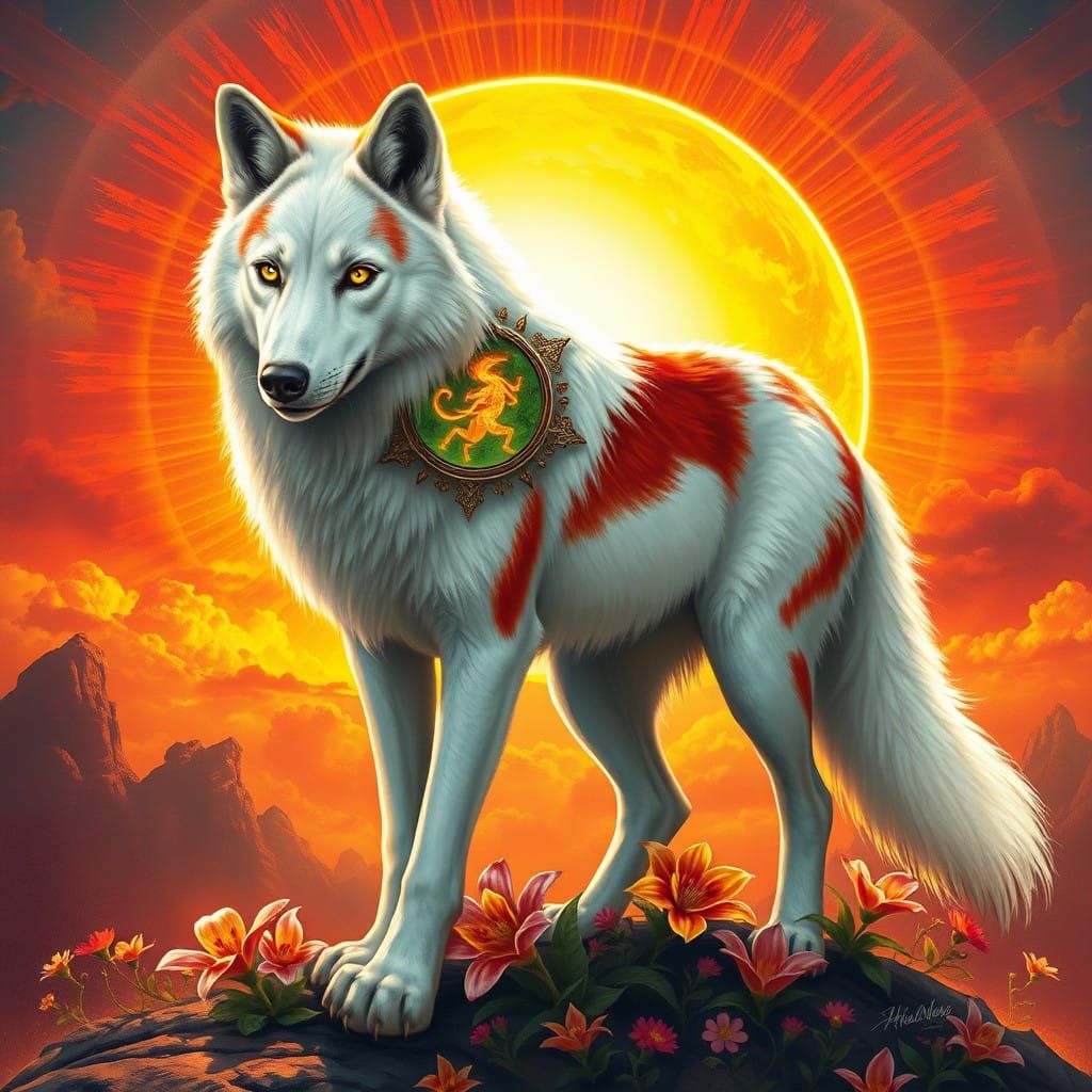 Regal White Wolf Goddess with Crimson Markings and Golden Ey...