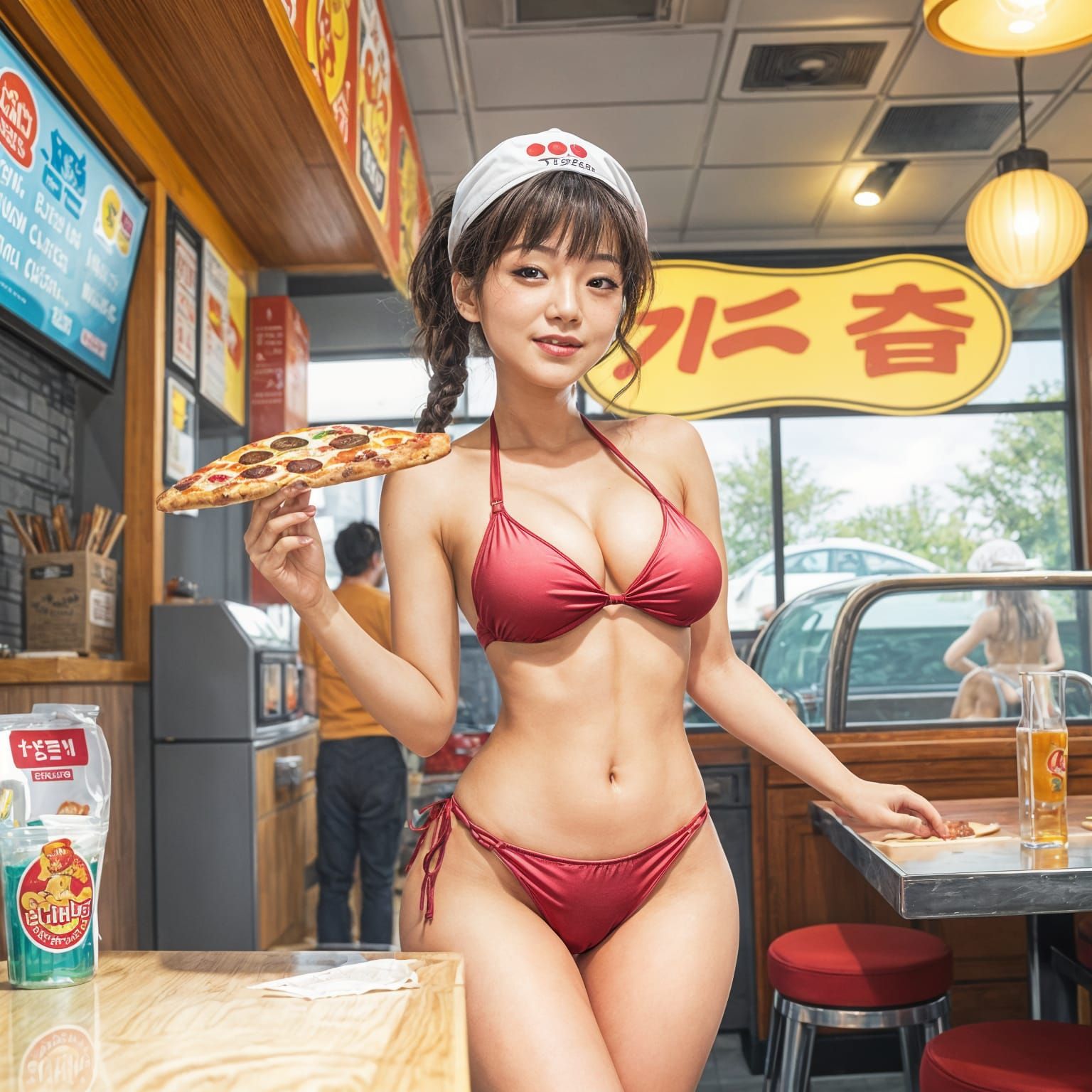 Sultry Waitress Serves Pizza in a Korean Bistro