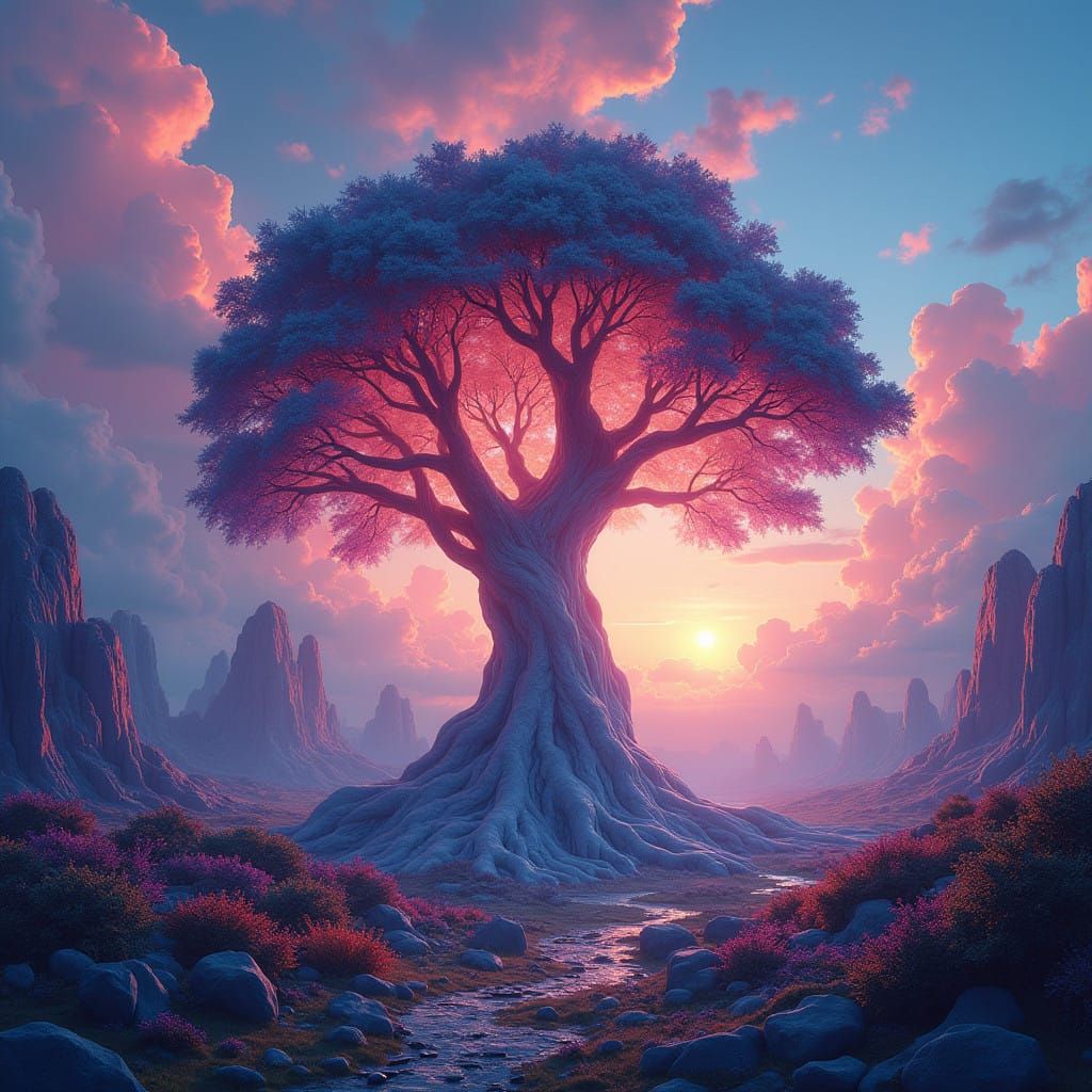 Wonderful Fantasy Landscape with Glowing Tree