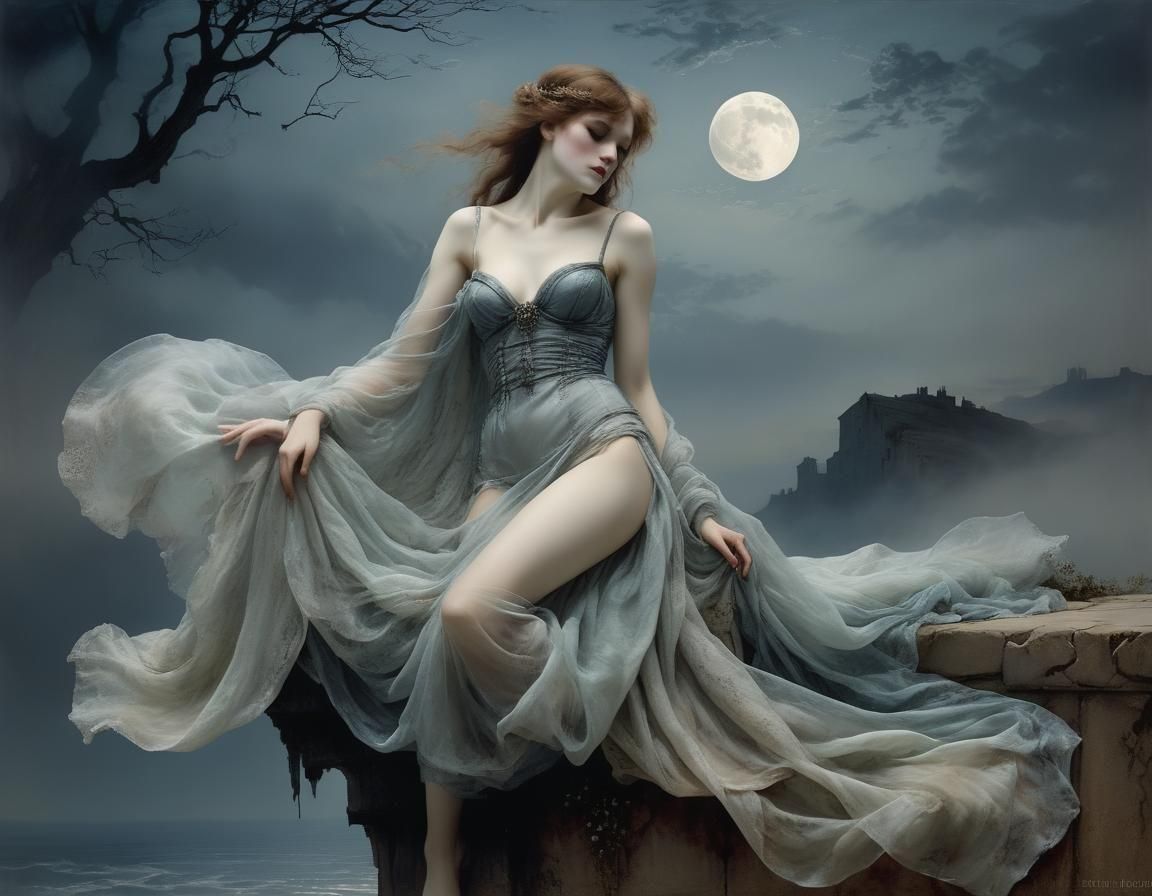 Ethereal Banshee in Foggy Moonlit Dreamscape