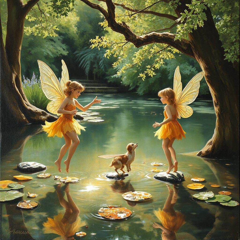 Oil Painting of Fairies Dancing by a Serene Pond