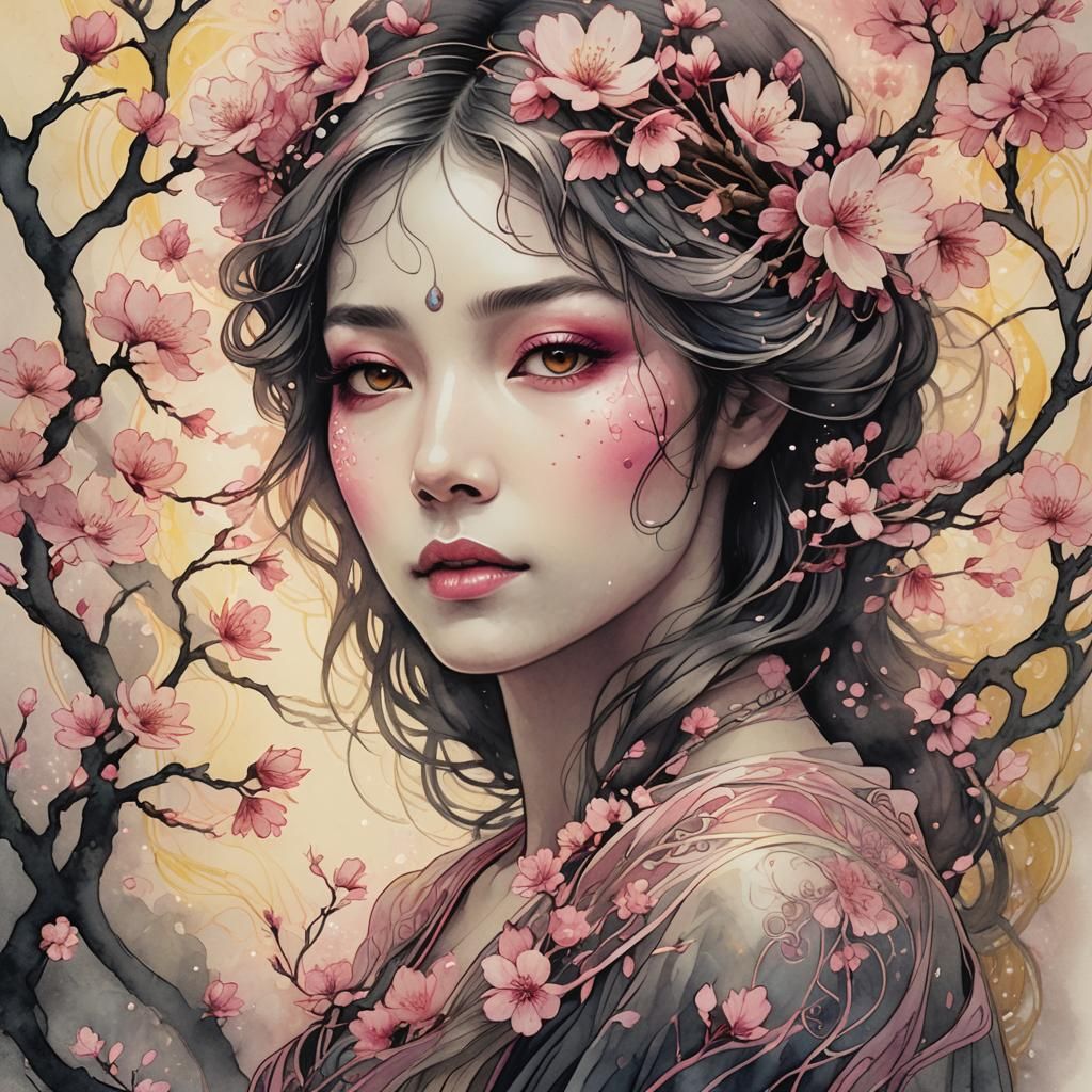 Ethereal Glowing Cherry Blossom Woman Portrait in Art Nouvea...