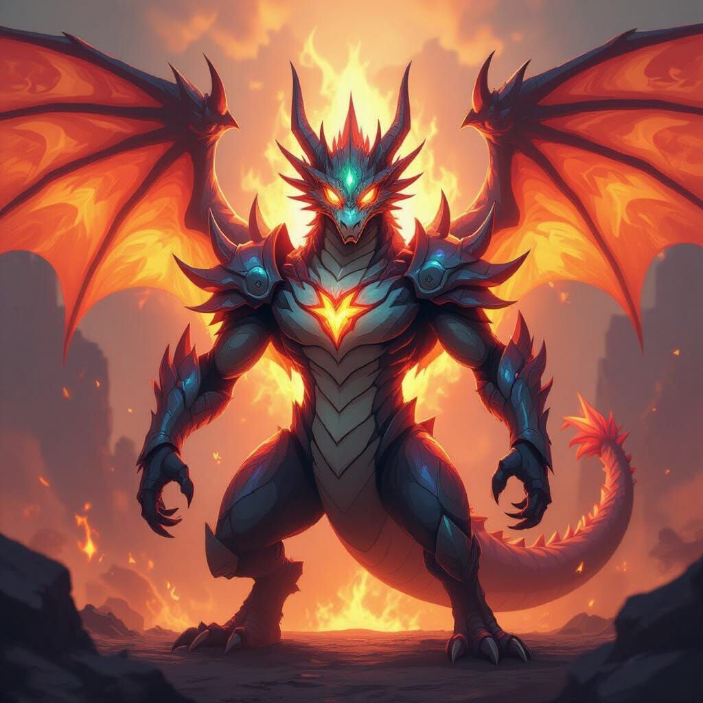 Digital Dragon Monster with Fiery Aura in Anime Style