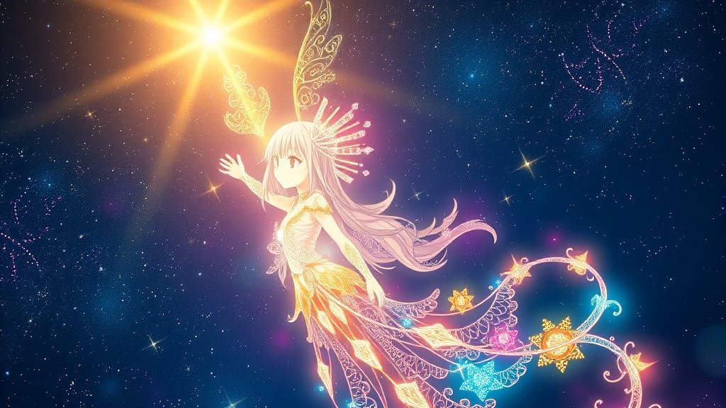 Anime Goddess Radiates Magic Under Starry Skies in Vibrant F...
