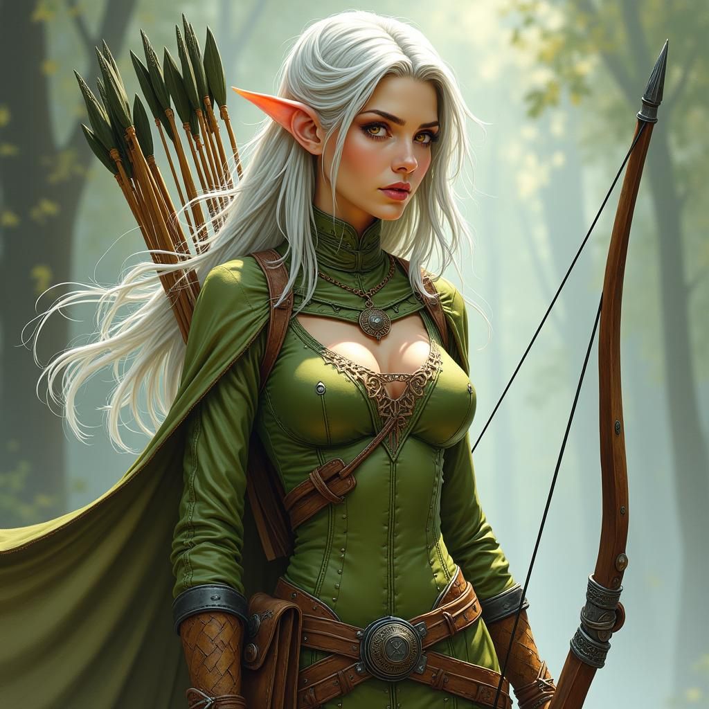 Elven Ranger with Silver Hair in Art Nouveau Style