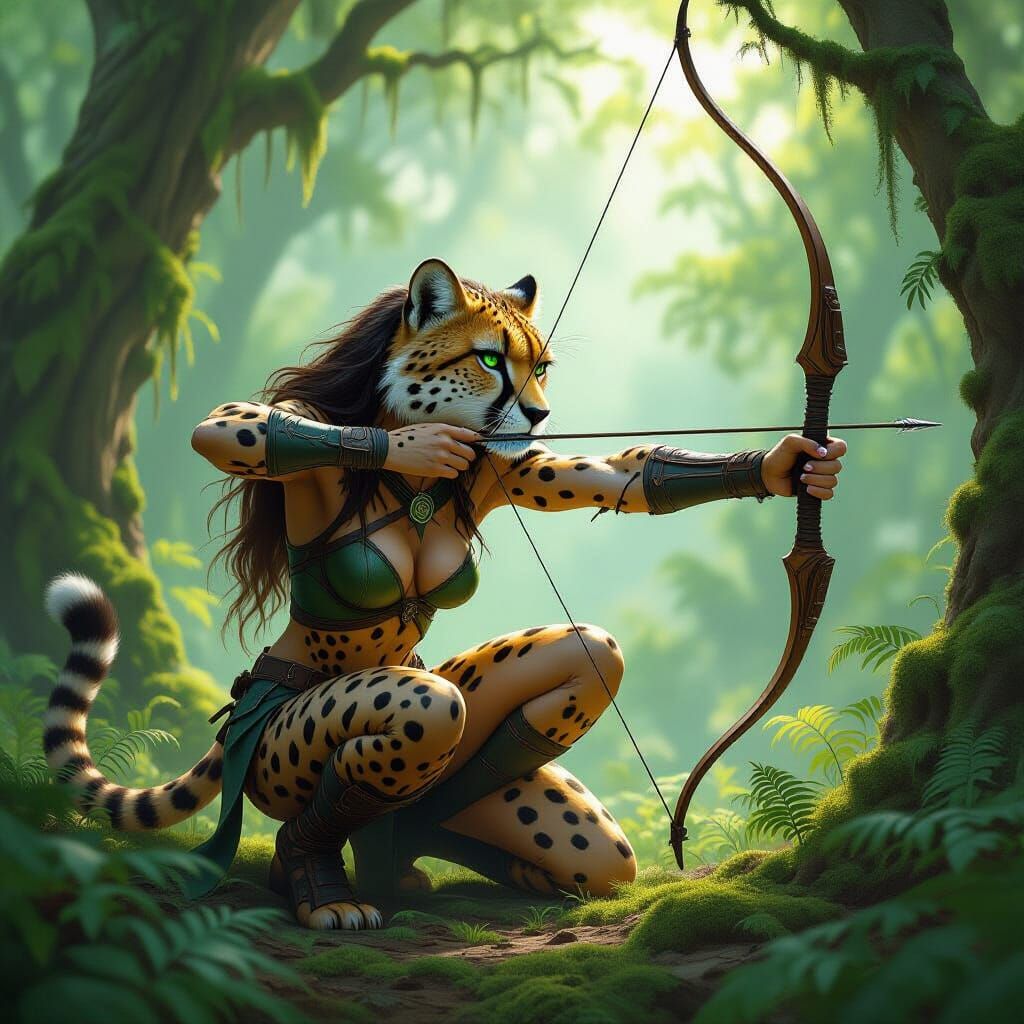Mythical Cheetah Woman Hunts in Sun-Dappled Forest
