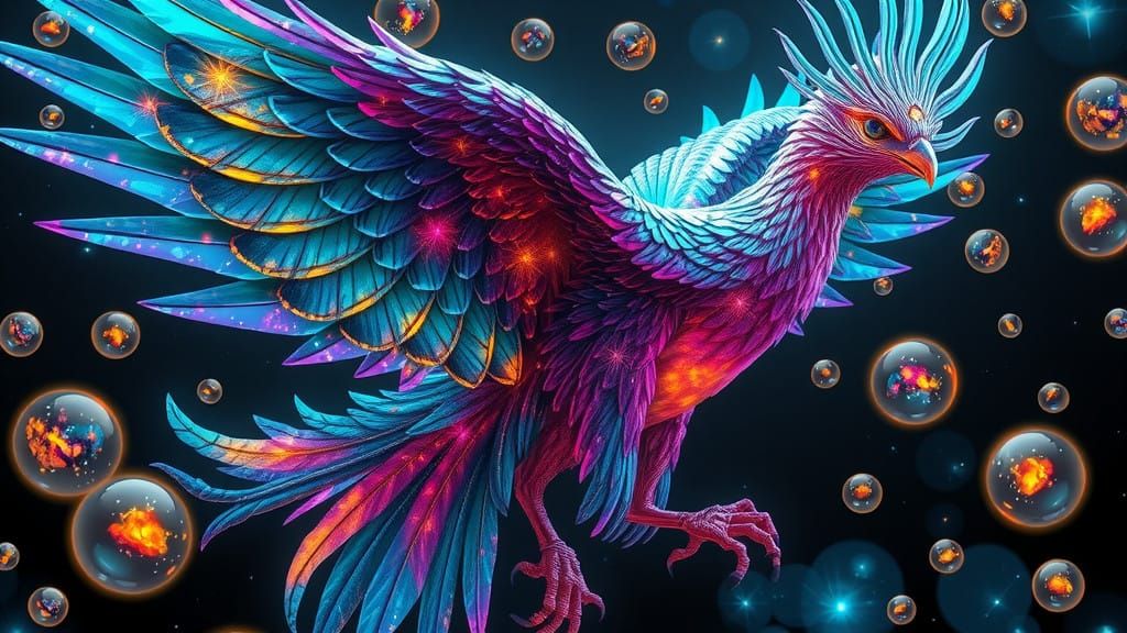 Celestial Phoenix Hybrid in Iridescent Cosmic Splendor