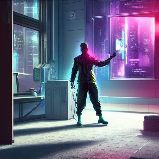 Cyberpunk Doctor Creating Cyborg in City Basement