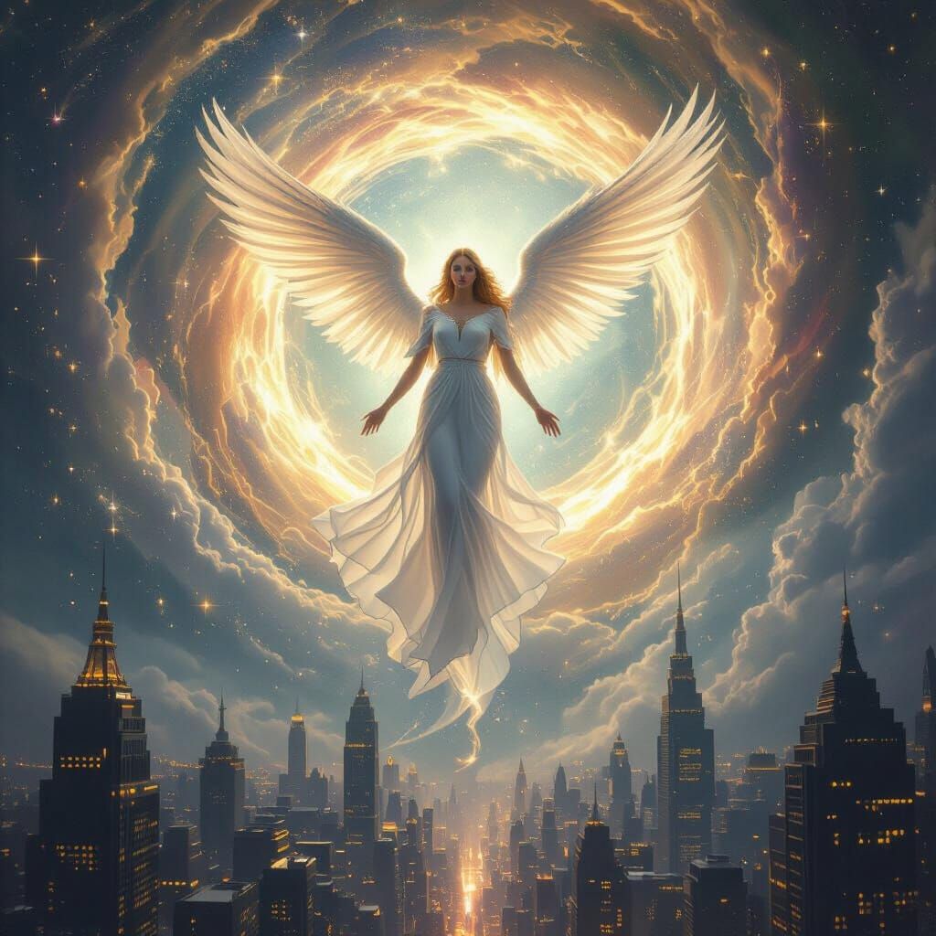 Celestial Angel Descends Above Modern City in Divine Light