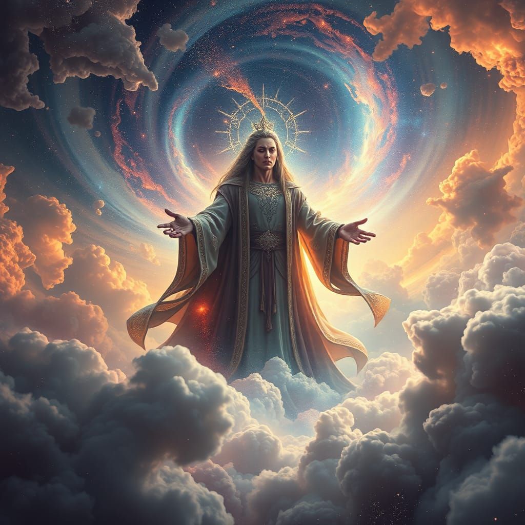 Cosmic God Conquers Vibrant Universe in Ethereal Robes
