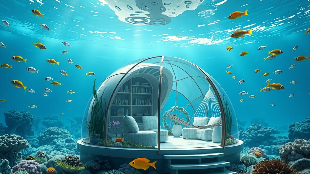 Futuristic Underwater Oasis in Glass Dome