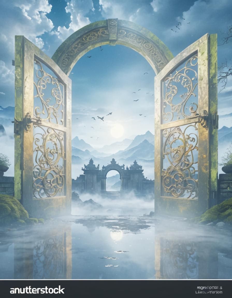 Mystical Gate with Open Doors at Golden Hour